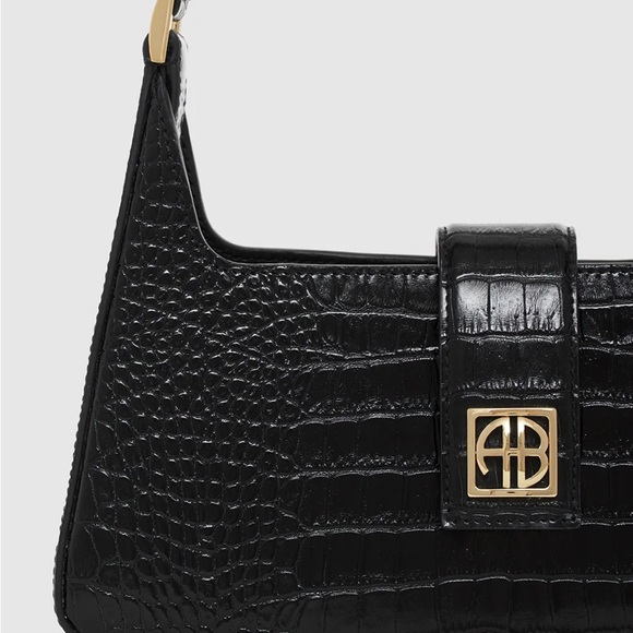 Anine Bing Lou Croc-Embossed Shoulder Bag Black New - Picture 2 of 6